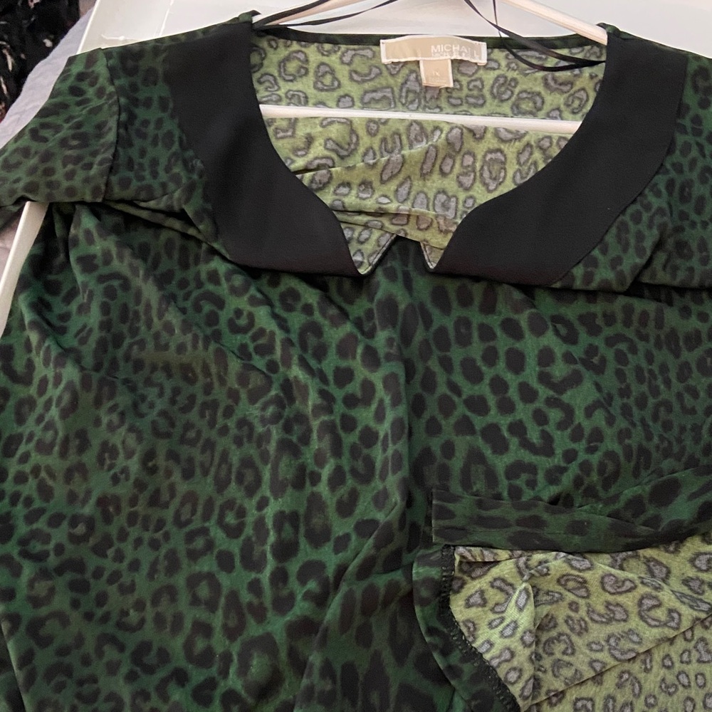 MICHAEL Michael Kors Dark Green Leopard Print Blouse with Black Collar